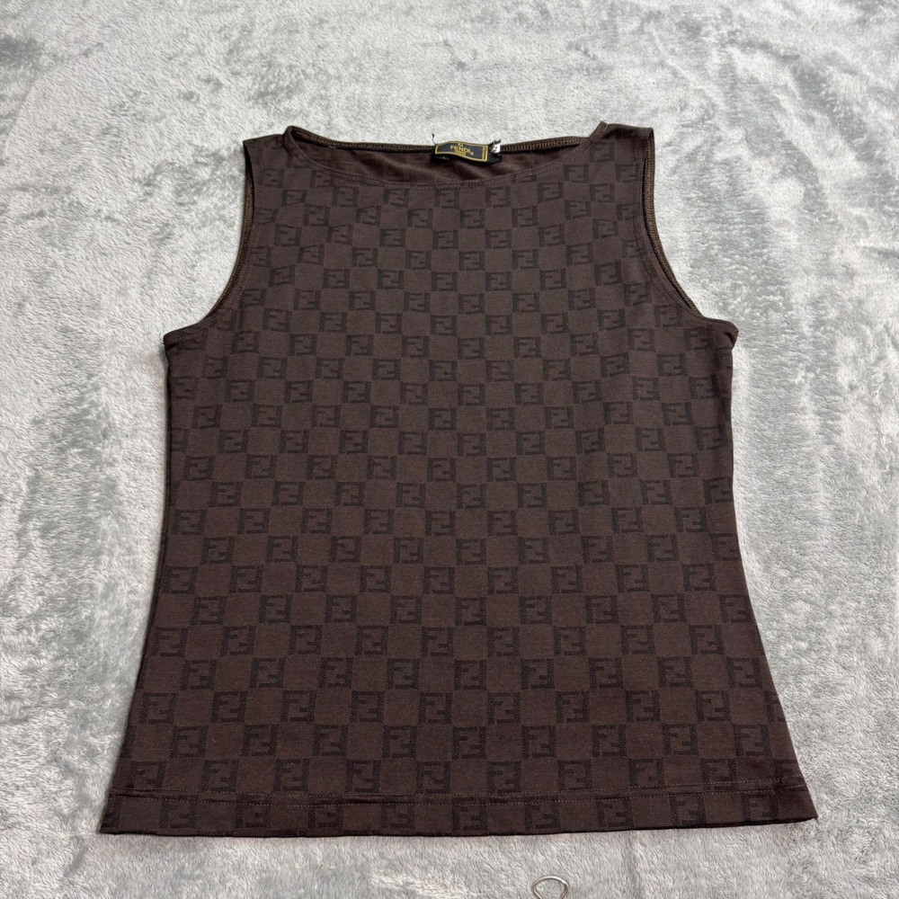 VTG 90s Fendi Mare Zucca Monogram Tank Top Brown FF Logo Sleeveless Italy 42